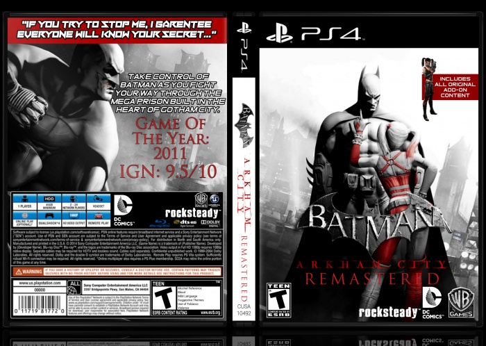 Batman Arkham City (PS4) PlayStation 4 Box Art Cover by Zeenoz